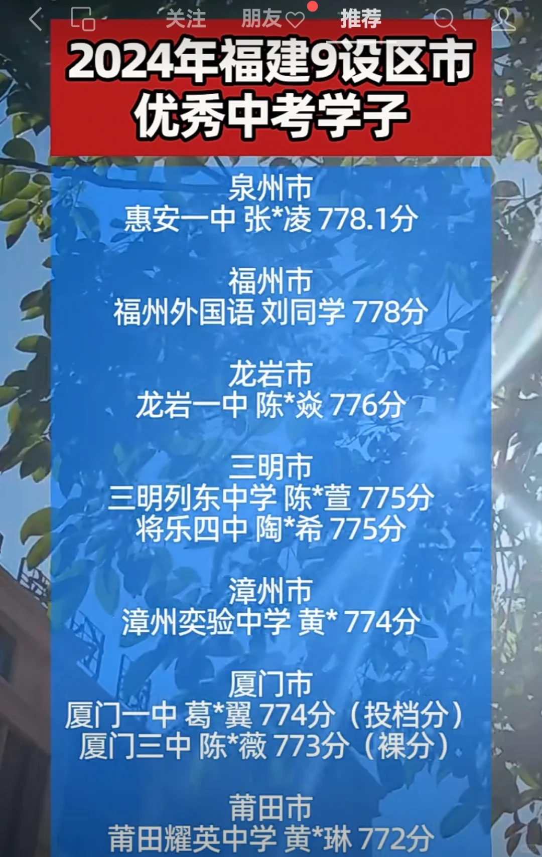 有你认识的母校吗？ 2024年福建9个设区市优秀中考学子一览表（不完全名单）~