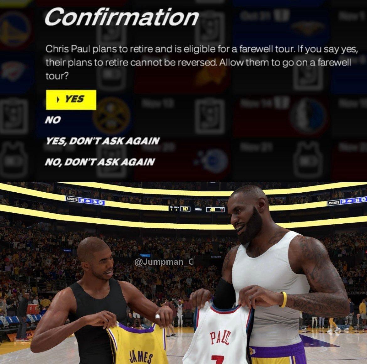 NBA2k26增加了保罗退役巡演交换球衣的环节