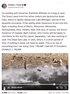 川普决定拯救五大湖免受亚洲鲤鱼侵袭，并拯救犹他大盐湖

川普：

我正与格雷琴·