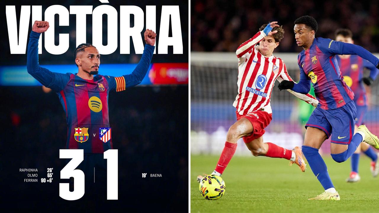 西甲：巴塞罗那主场3-1逆转马德里竞技，先赛以4分领跑。
拉菲尼亚建功，奥尔莫破