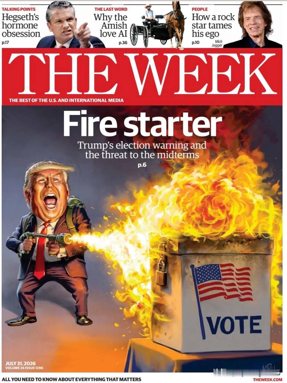 🇺🇸“纵火犯”。这是美国周刊《The Week》的封面。该期杂志聚焦特朗普试