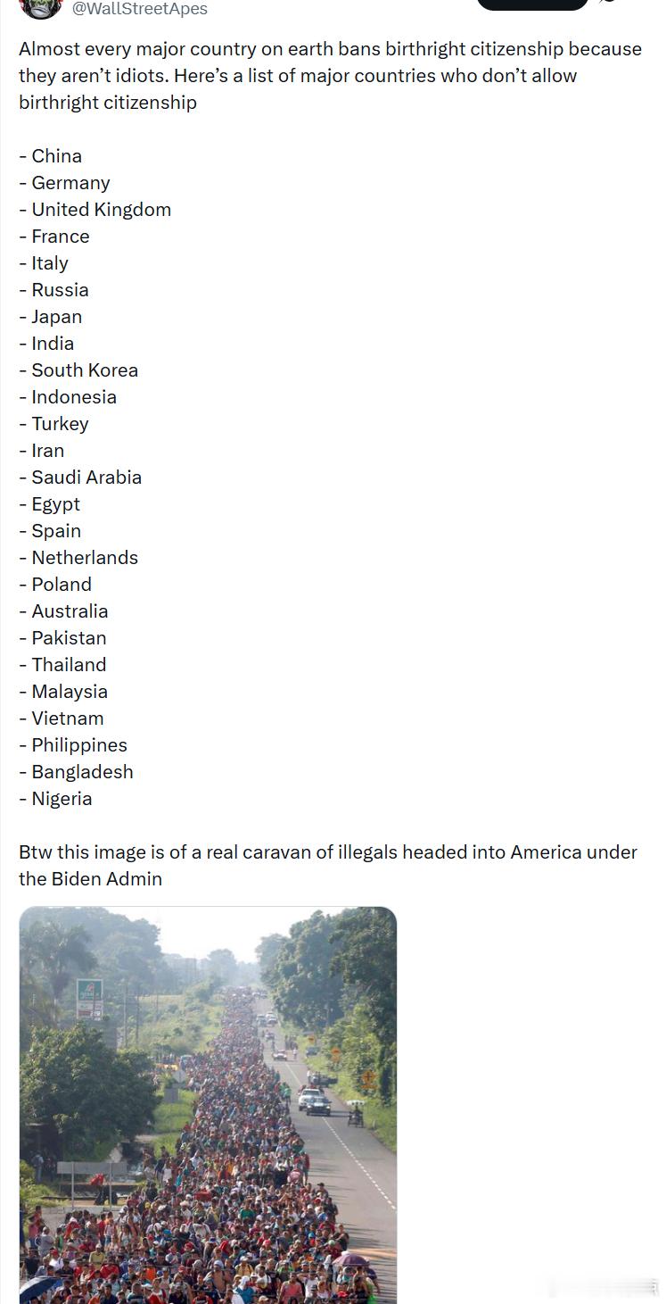 世界上几乎所有主要国家都不实行出生公民权，因为它们不会做出这种愚蠢的政策。以下是