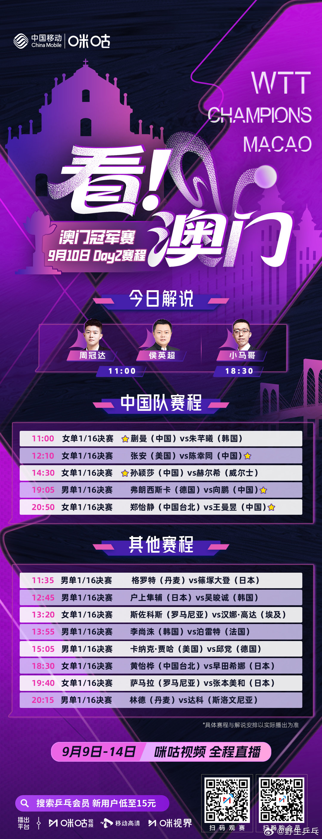 孙颖莎王曼昱今日领衔出战 11:00 蒯曼vs朱芊曦11:35 篠塚大登vs格罗