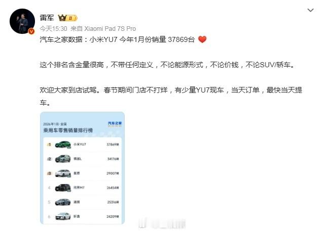 【小米YU7一月销量37869台跻身榜首】雷军回应YU7登1月销量榜首 汽车之家