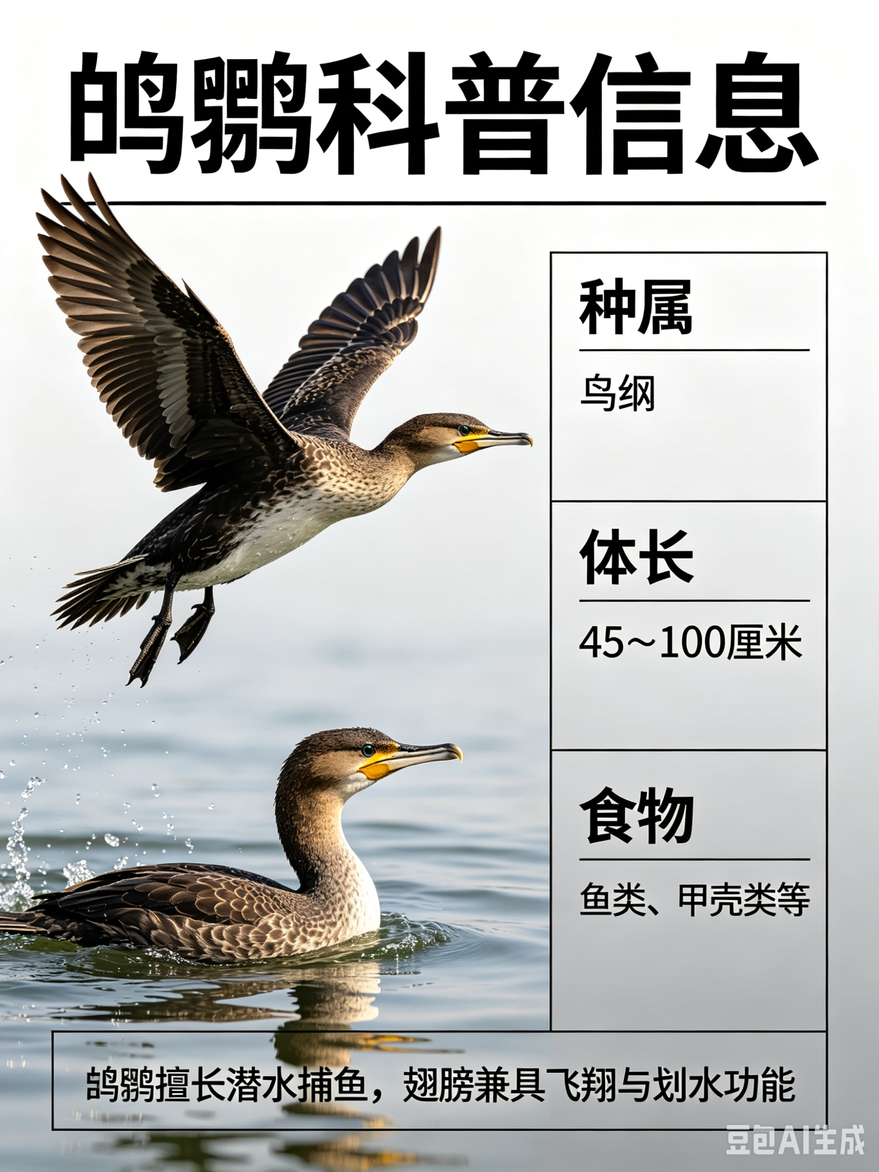海洋朋友圈 鸬鹚海洋档案种　属：鸟纲体　长：45～100厘米食　物：鱼类、甲壳类