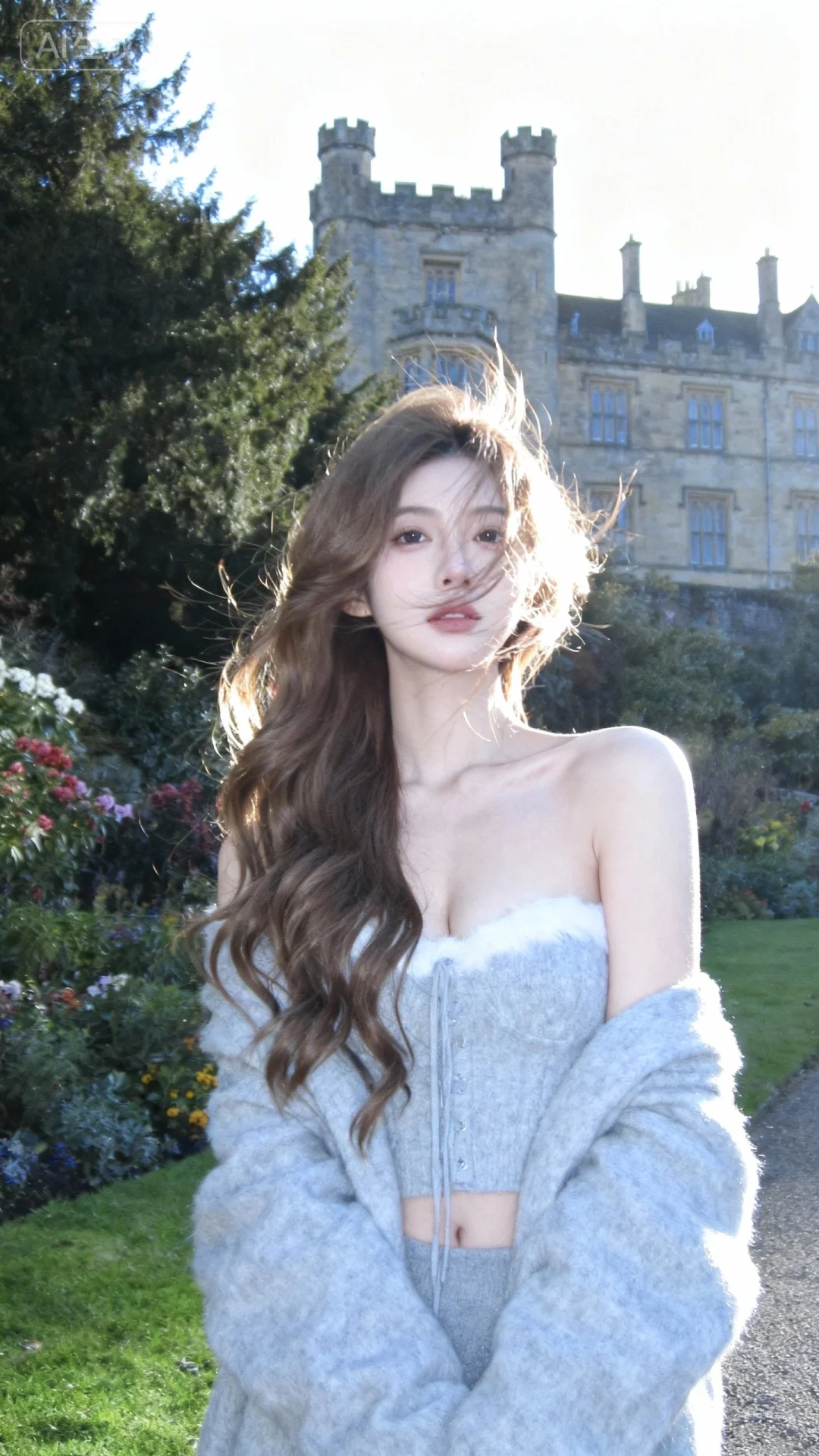 背景英国城堡庄园。后面有绿树，鲜花，阳光，逆光拍摄，柔和的光影勾勒人物轮廓，营造