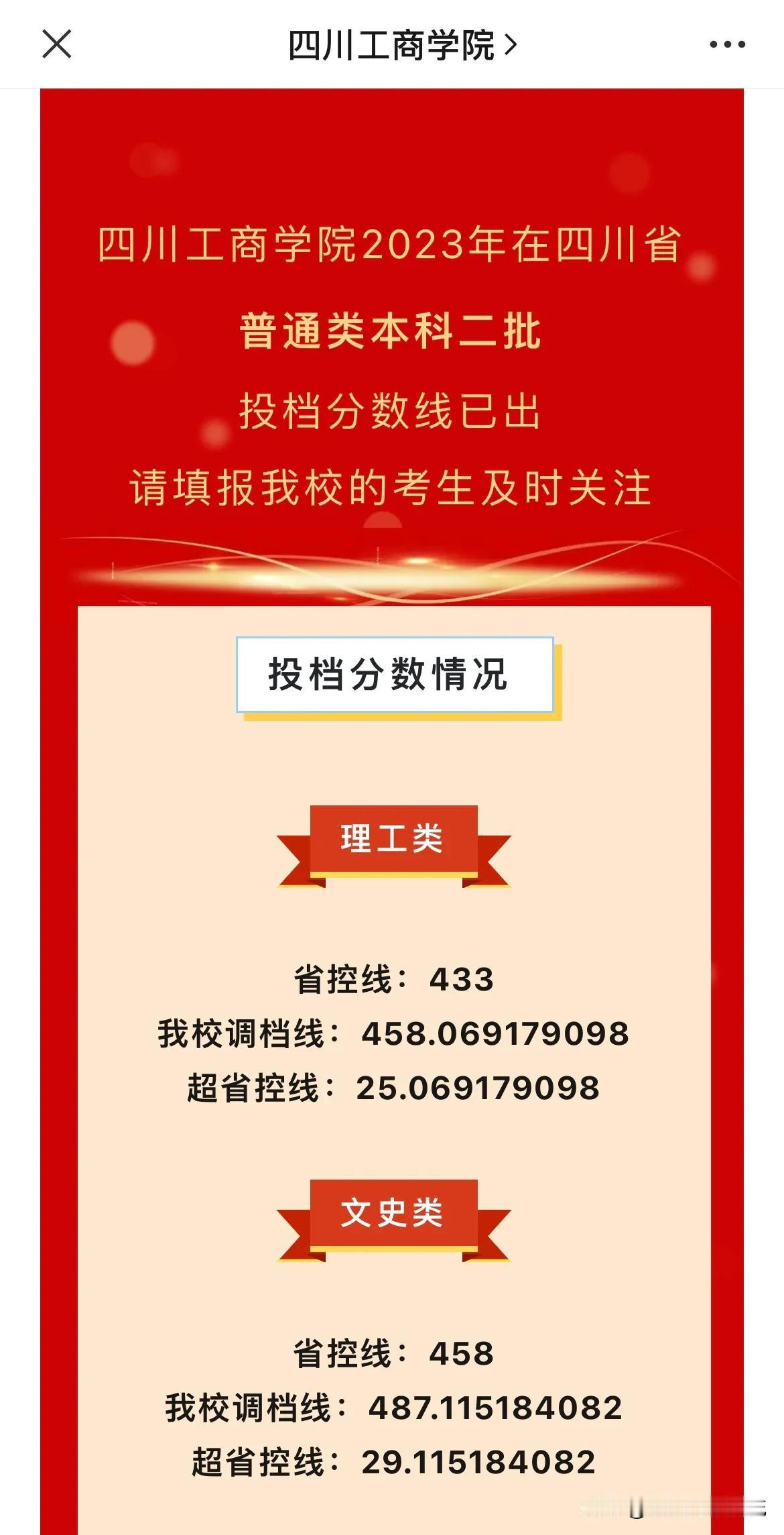 四川工商学院2023年在川普通类本科二批投档分数线公布