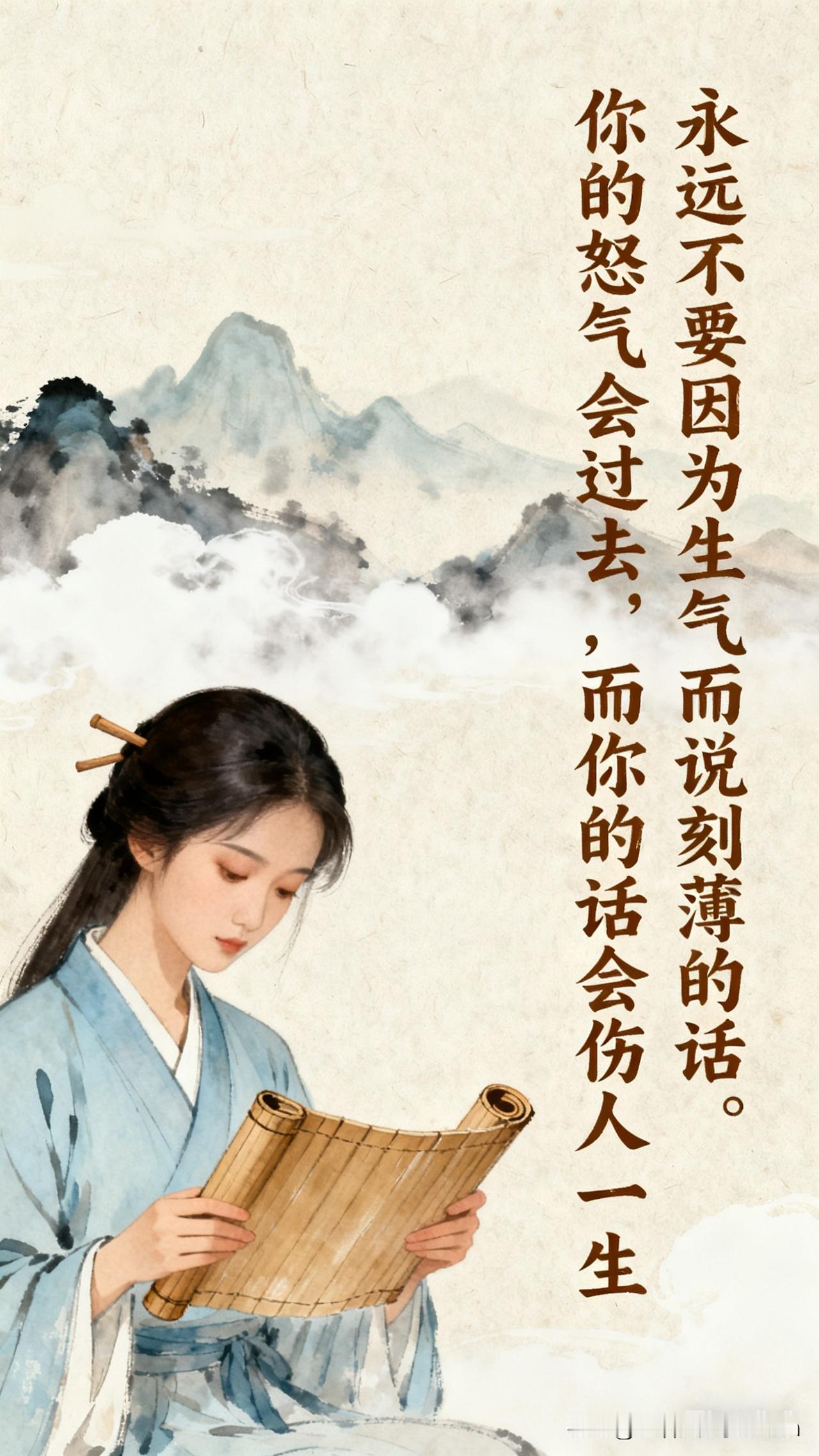 一个博主说：
永远不要因为生气而说刻薄的话。
你的怒气会过去，而你的话会伤人一生