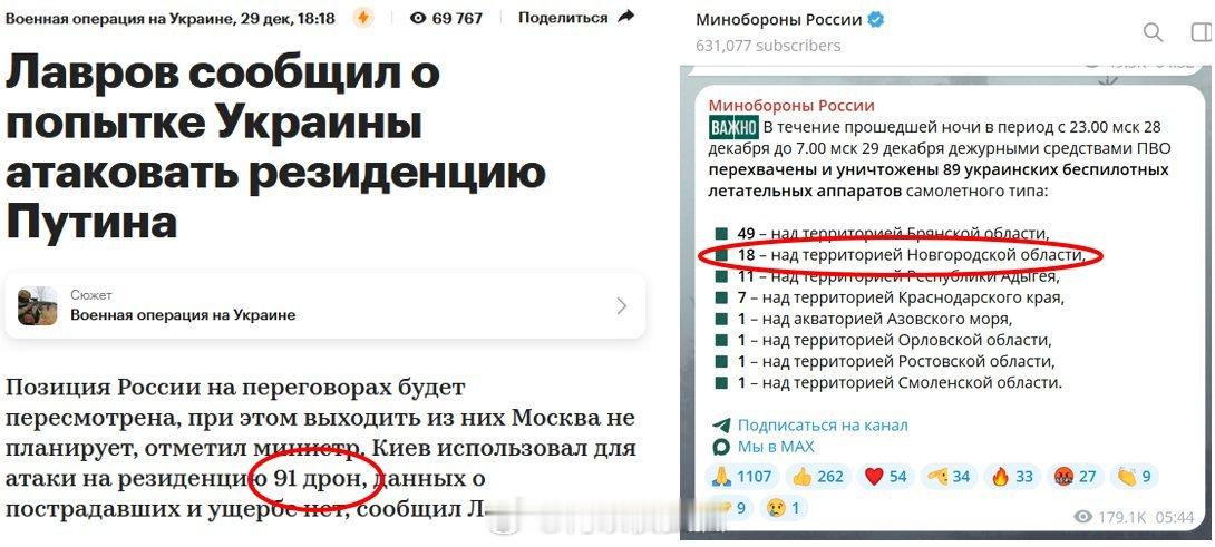 拉夫罗夫表示，普京位于诺夫哥罗德州的官邸遭到 91 架无人机的袭击，所有无人机都