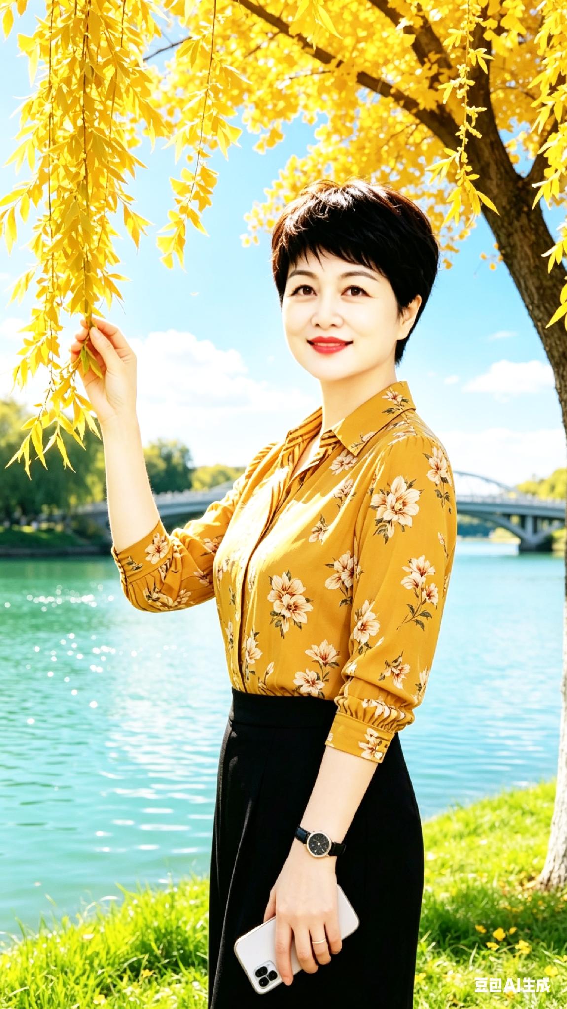 在树下微笑，穿着花衬衫。