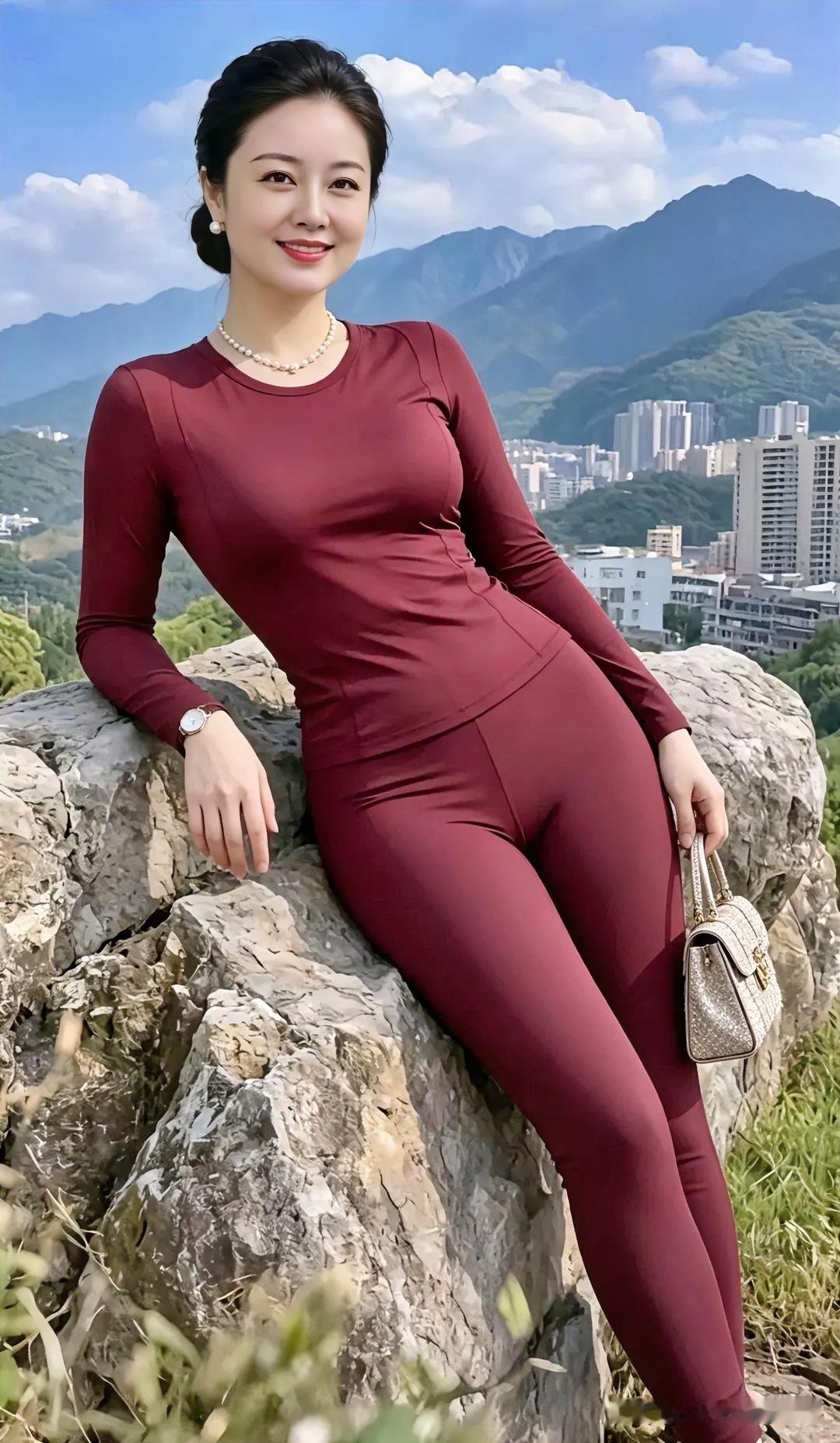 远山含黛衬晴空，她倚苍岩，酒红衣袂勾勒优雅轮廓。珍珠凝光，笑靥映云，于城与野的交
