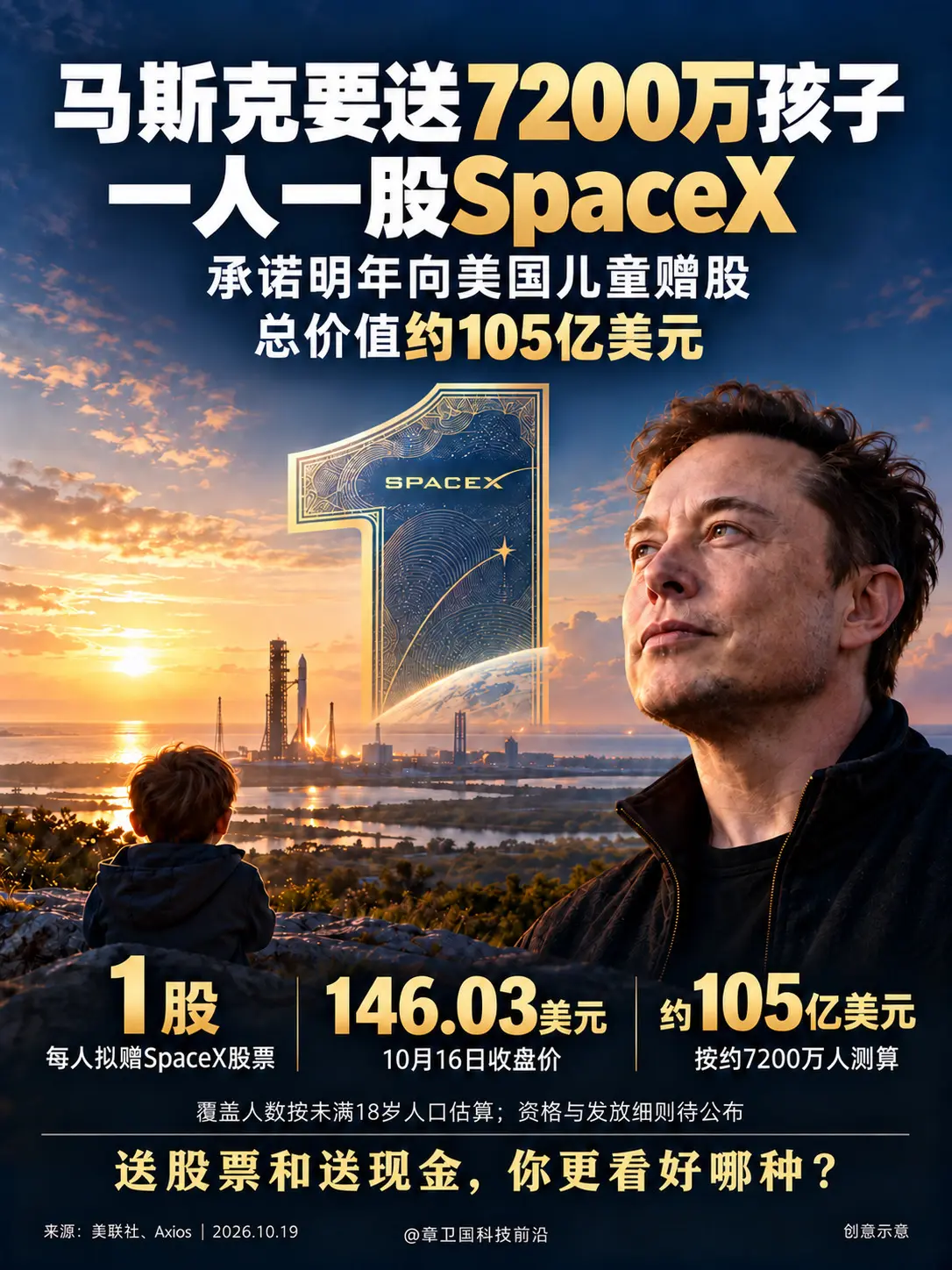 马斯克送股：7200万孩子当股东？承诺明年每人获赠一股SpaceX，按...