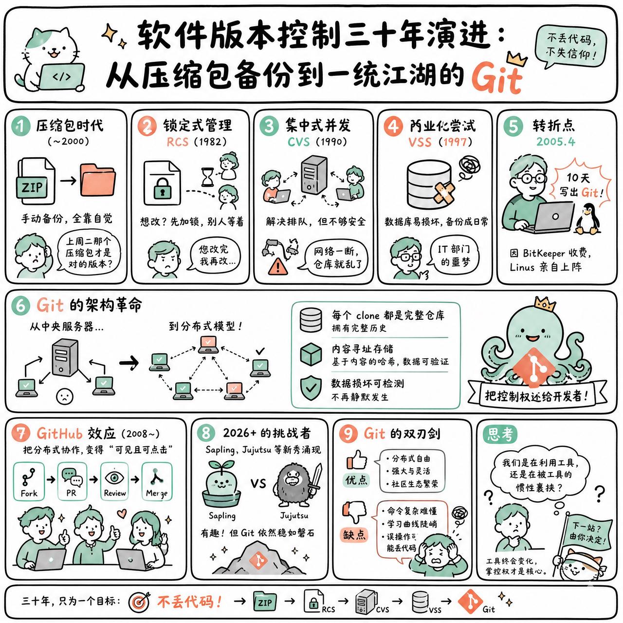 【软件版本控制三十年演进：从压缩包备份到一统江湖的 Git】

快速阅读：本文回