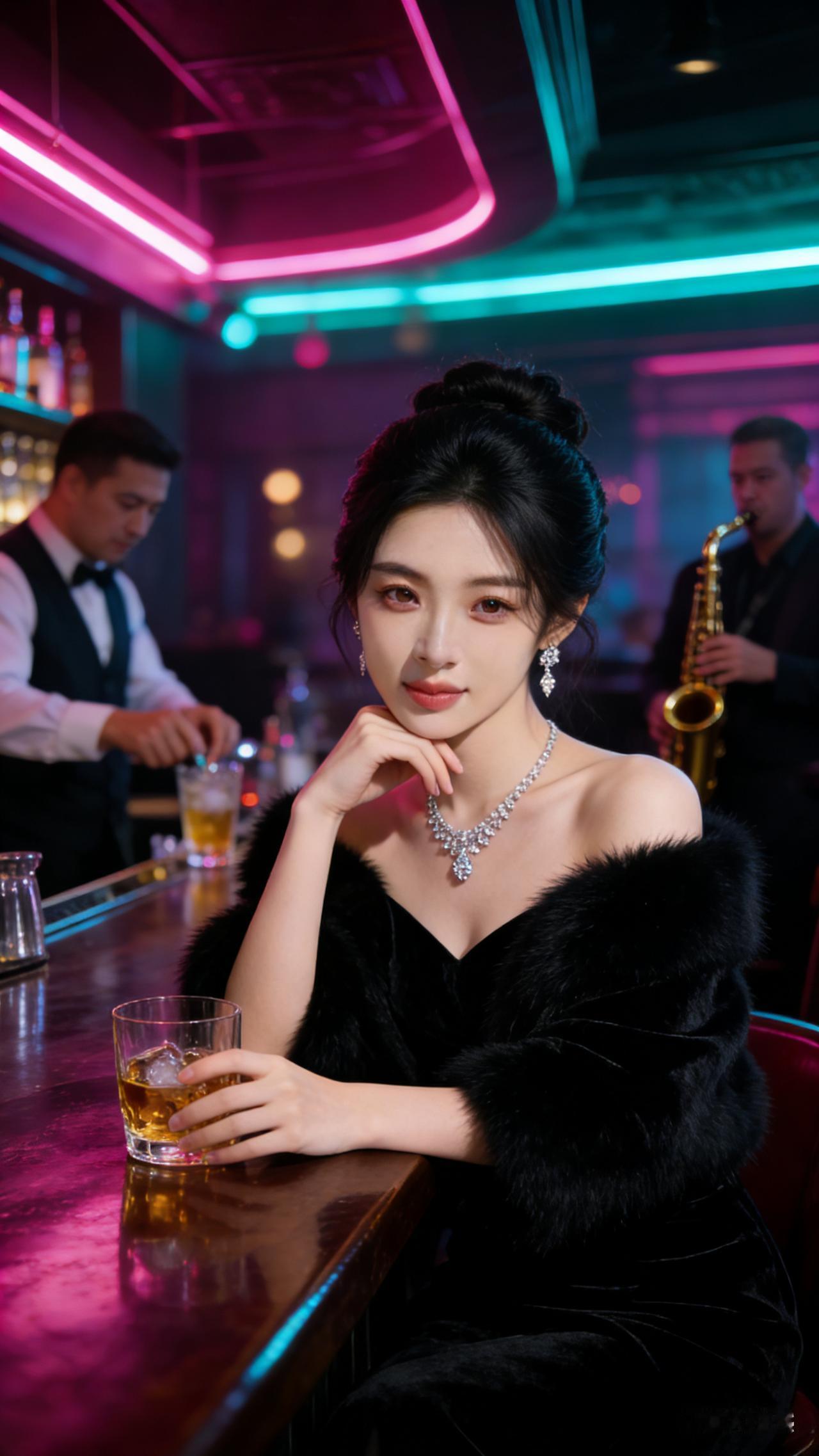 霓虹揉碎在酒杯里，萨克斯风漫过夜色。指尖轻扣杯壁，任慵懒与优雅在光影里发酵，这一