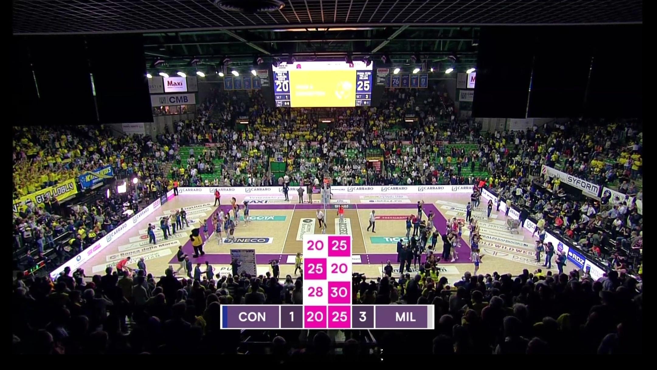 刚刚结束的比赛，2025-2026女排意甲 决赛第三场，科内利亚诺在主场以1比3