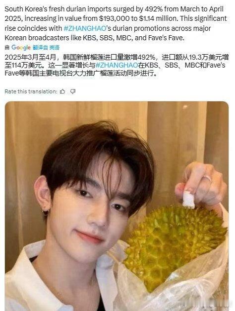 章昊带动韩国榴莲进口量激增492%章昊带动韩国榴莲进口量激增492%，带货小王子