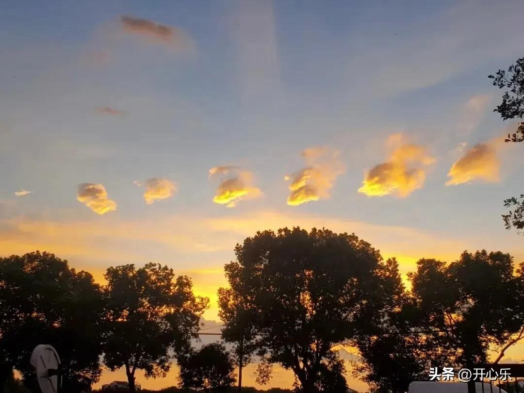 分享一张傍晚时分拍到的天空。远处的天际线被夕阳染成一片温暖的金黄，几朵云正以近乎