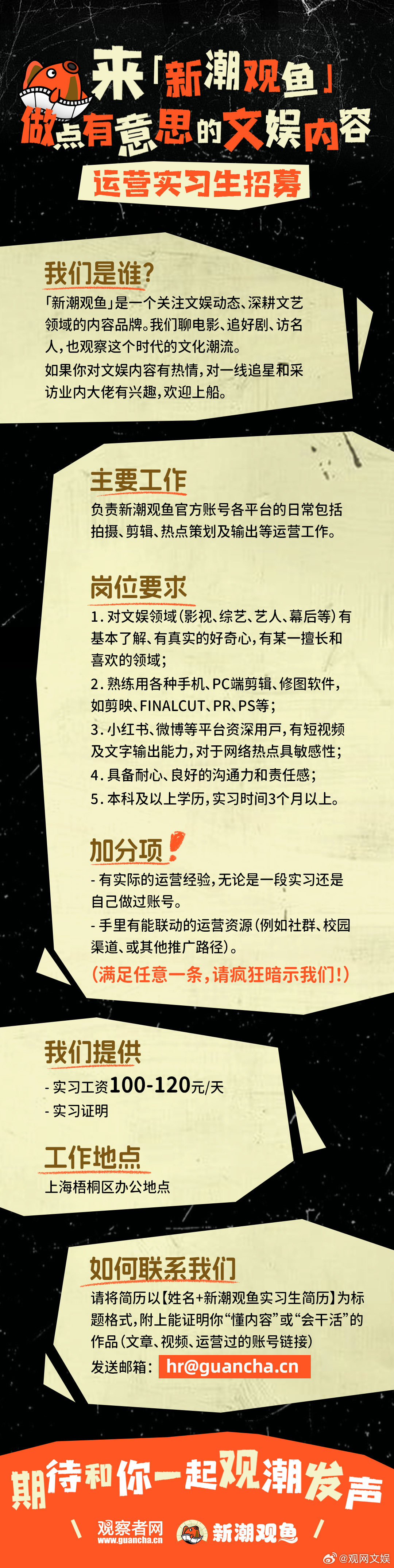 新潮观鱼【实习生】招募中~详情请看↓