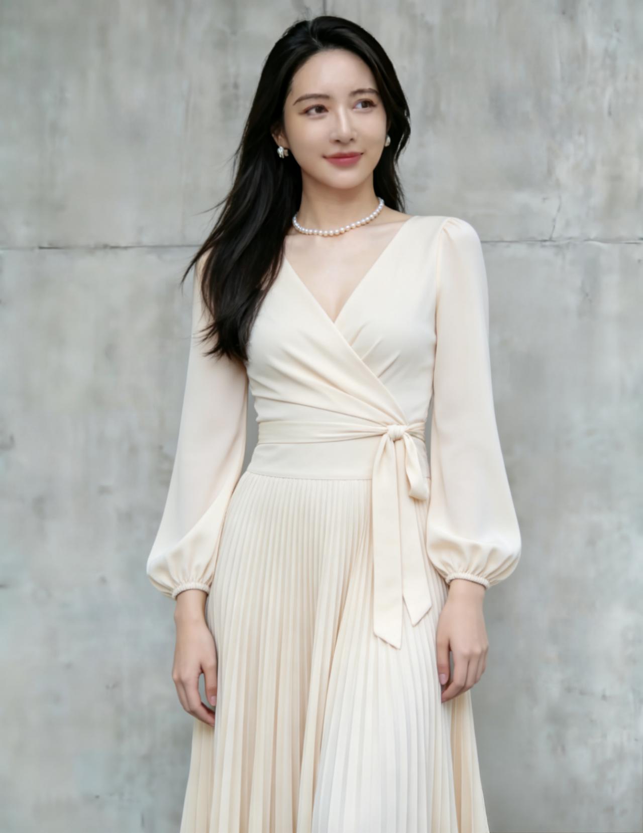 浅杏色V领围裹式长袖连衣裙，
灯笼袖设计温柔大气，腰侧系带收腰。
百褶大摆长裙，