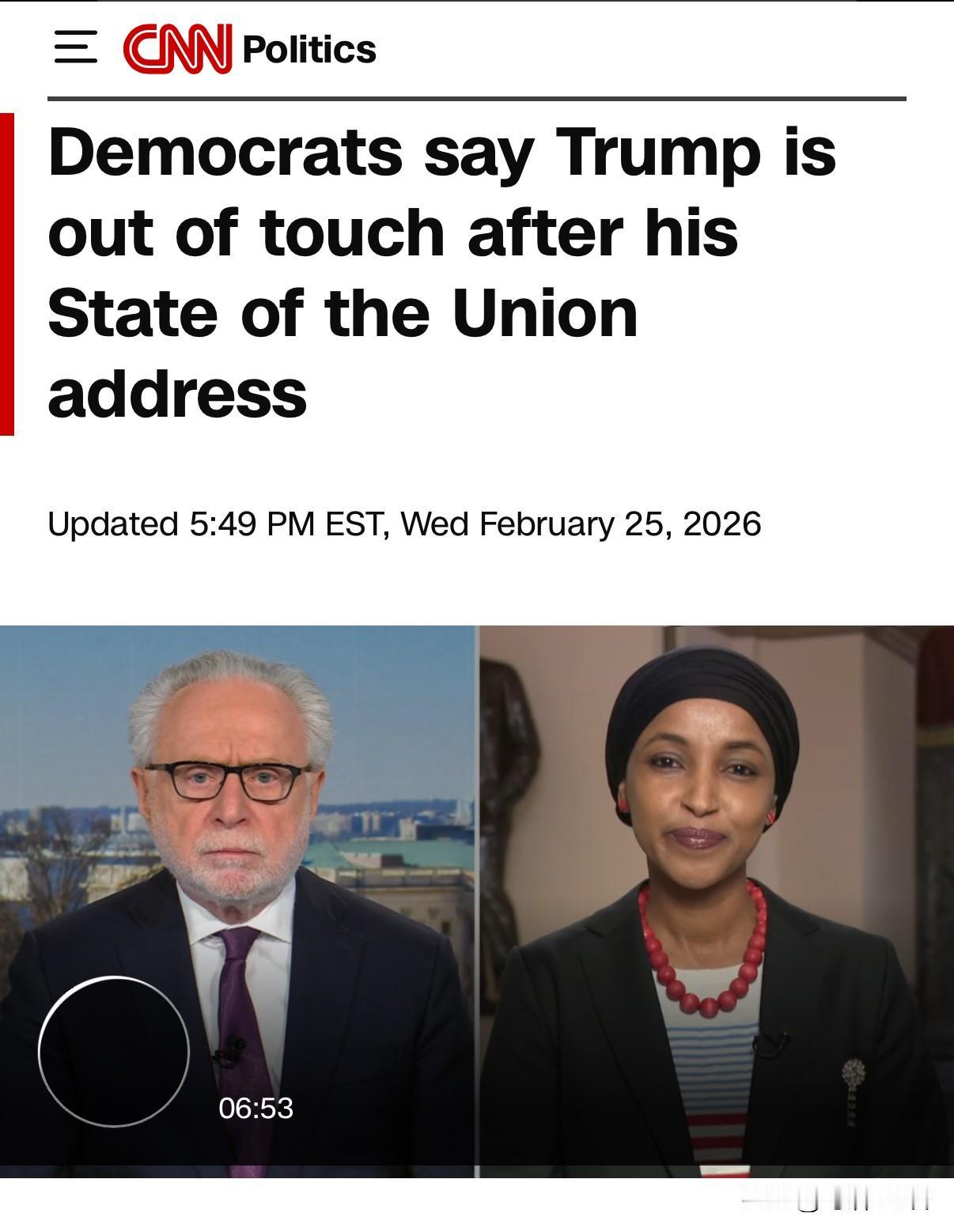 24日晚（当地时间），川普在2026年国情咨文中自认为取得了胜利。此间，他吹捧了