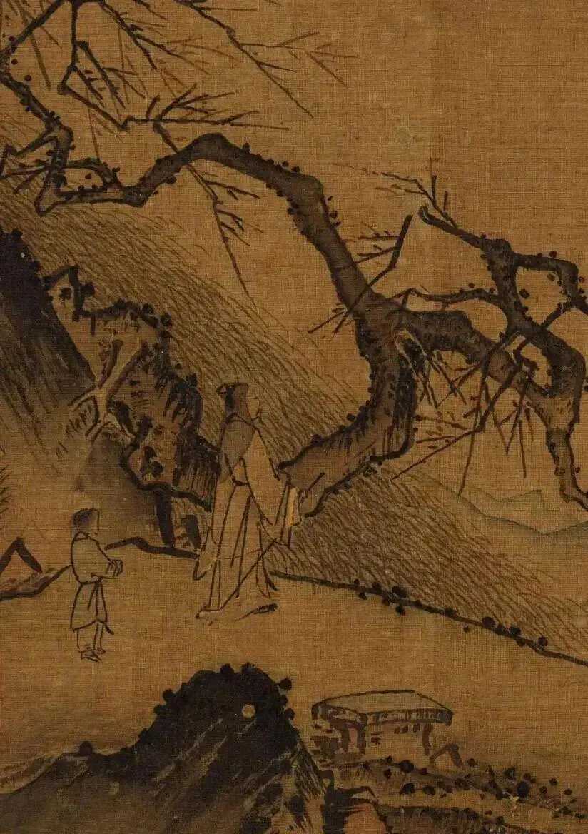 南宋 佚名《高士观梅图》29×28.5cm。画面左上角山岩如刀削，一株老梅斜着身