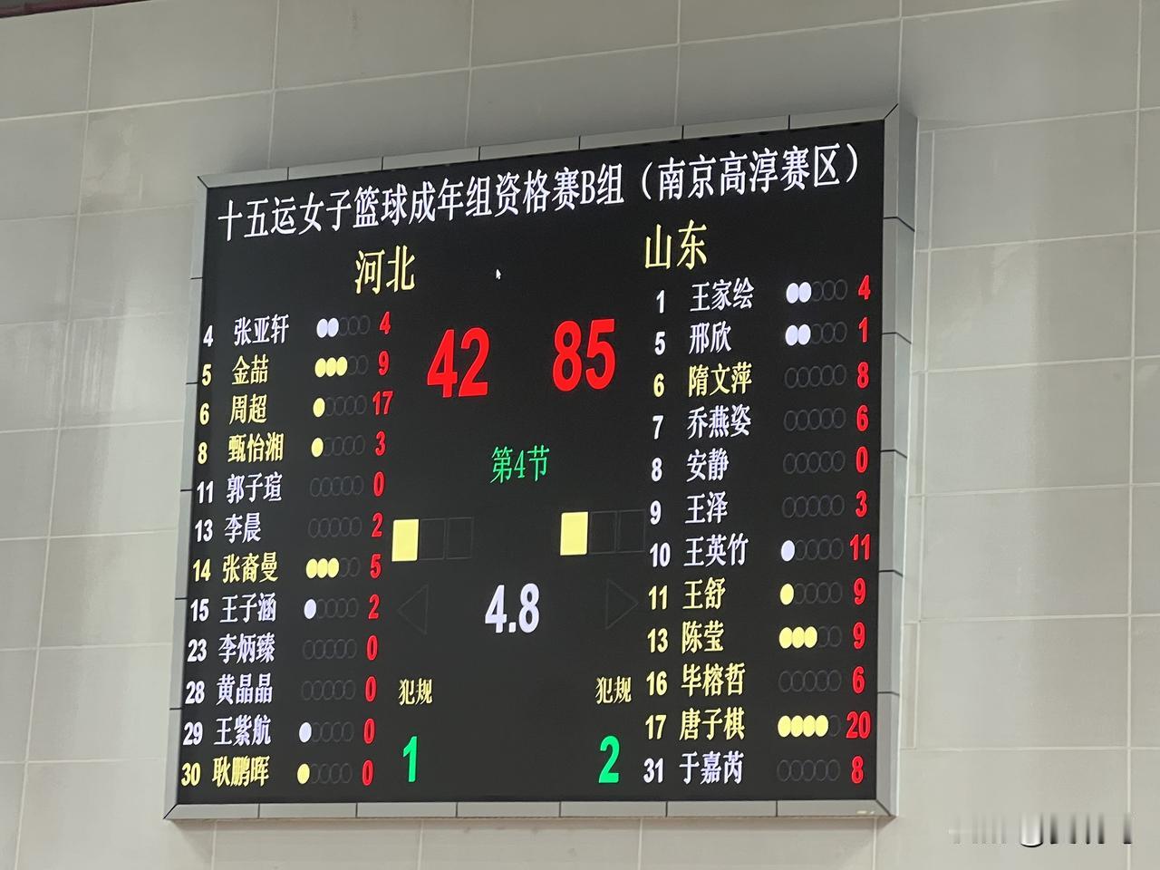 全运会预选赛，山东成年女篮四连胜。