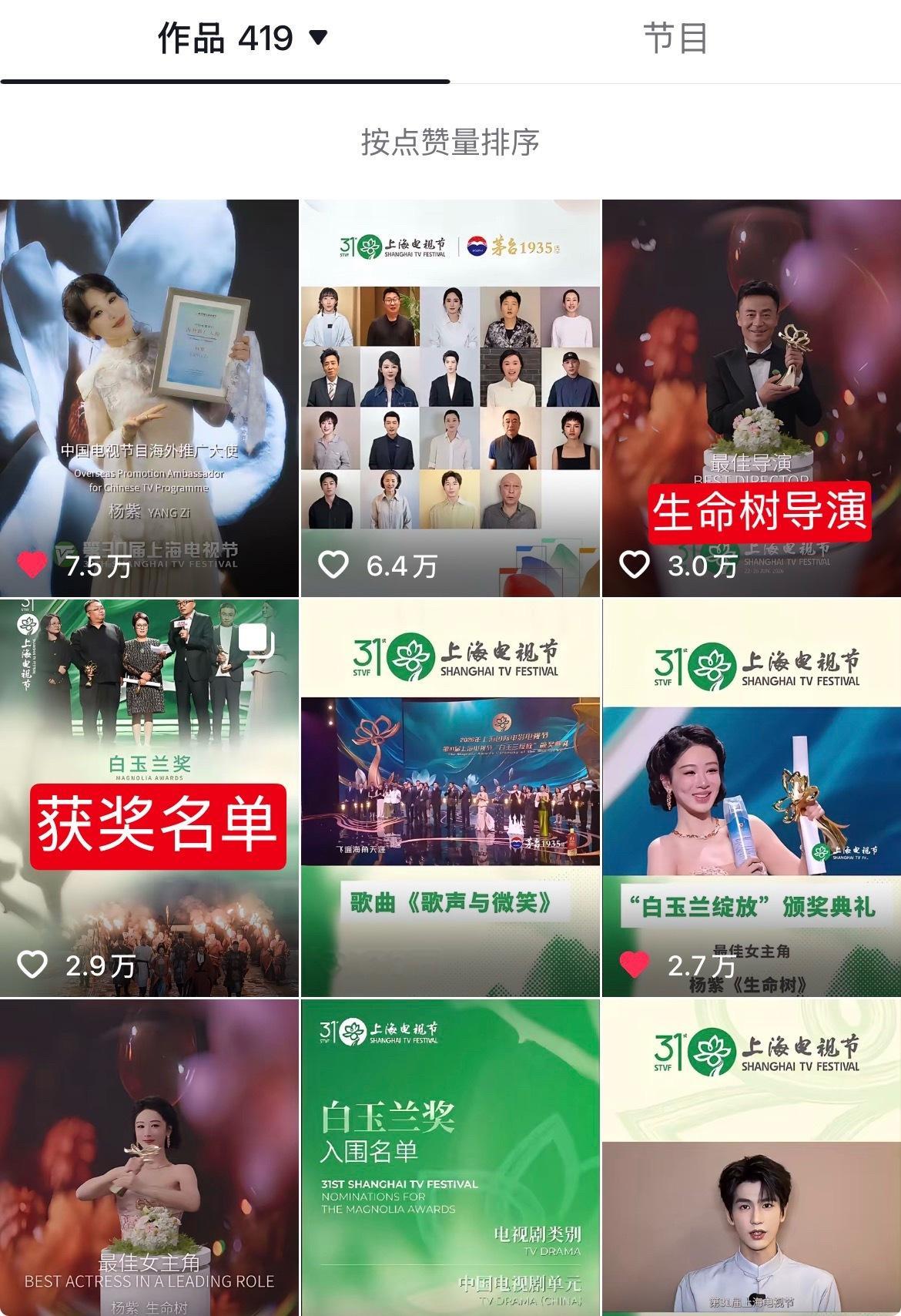 白玉兰官抖点赞最高的9个视频 七个都有杨紫 一个是生命树导演 最高赞也是杨紫 这