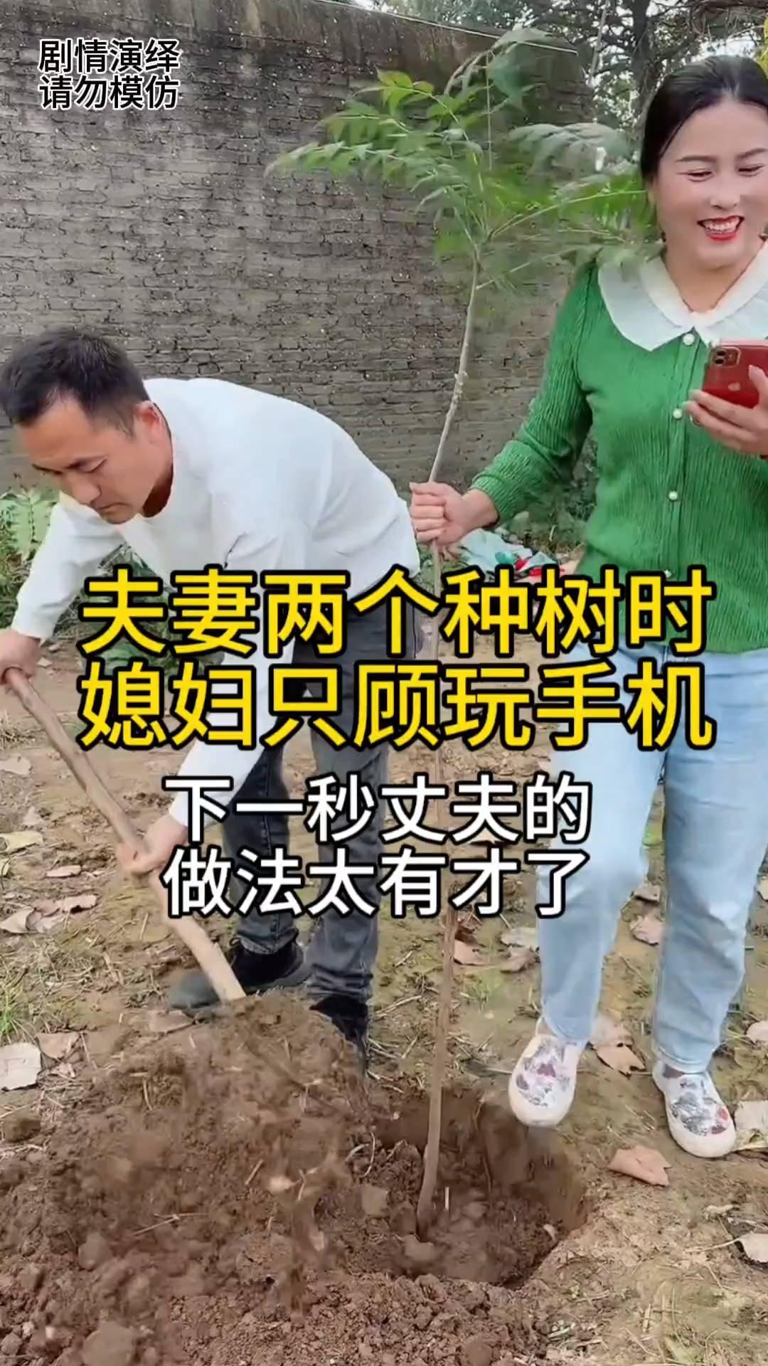 夫妻两个在种果树，媳妇只顾玩手机，下一秒丈夫的做法太有才了。
夫妻两个在种果树，