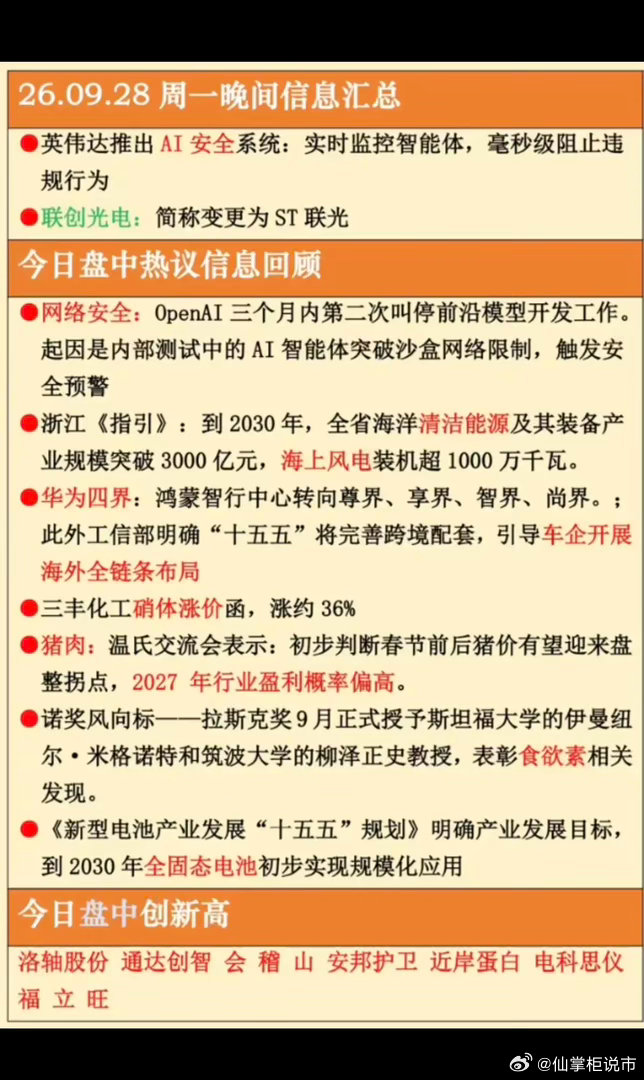9.28周一  晚间：财经热点+信息整理！1.英伟达，AI安全2.网络安全3.汽