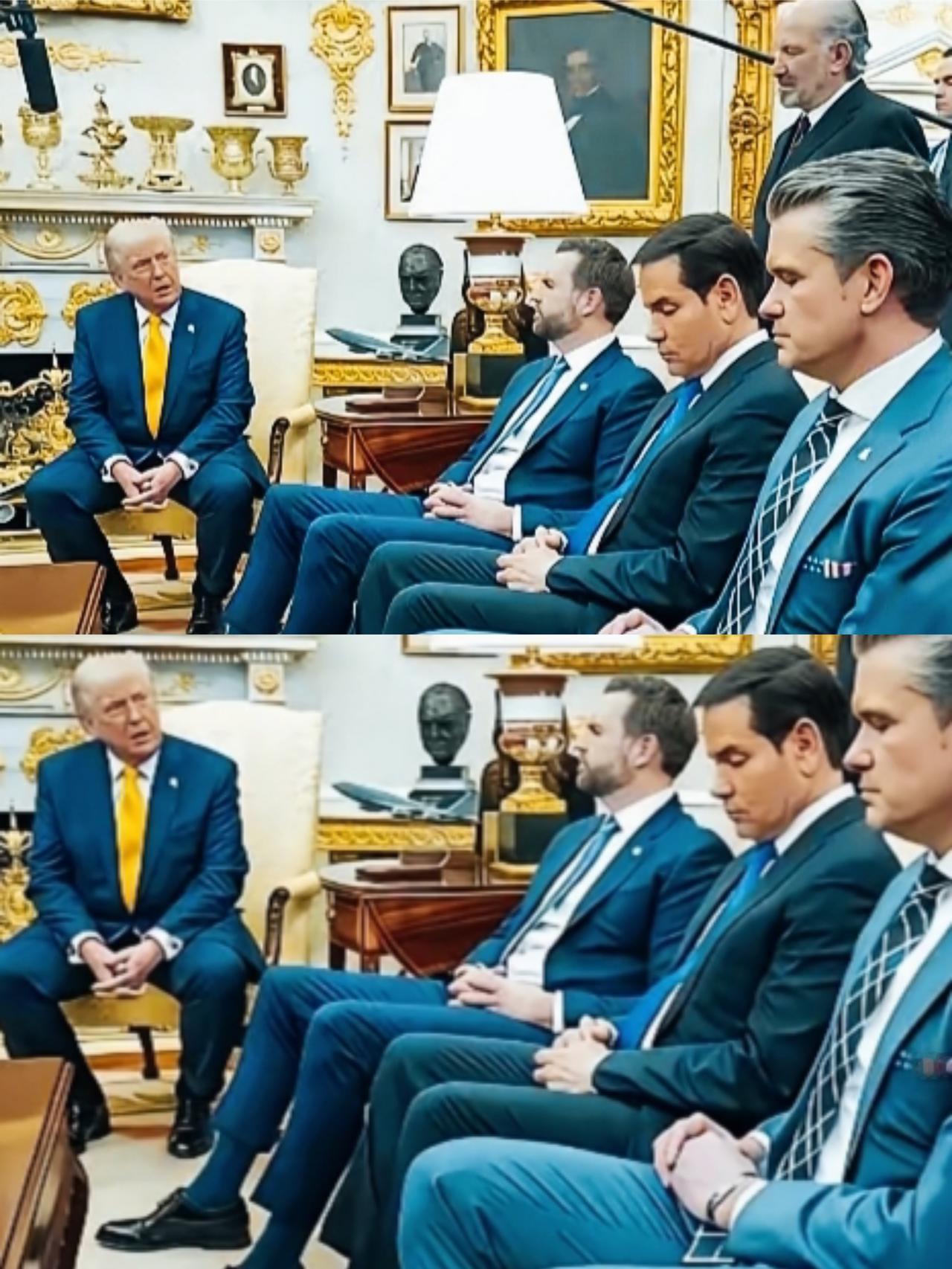 特朗普这是在给手下三位大将训话吗？
万斯最起码还抬着头，像是在跟特朗普理论啊！