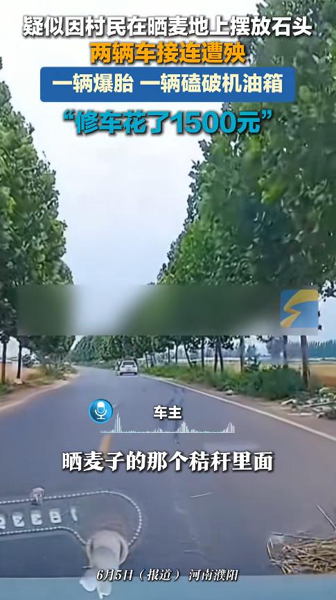 河南濮阳，正值麦收季节，有村民为了晾晒方便，竟在晒麦地中央故意摆放了几块尖锐的大