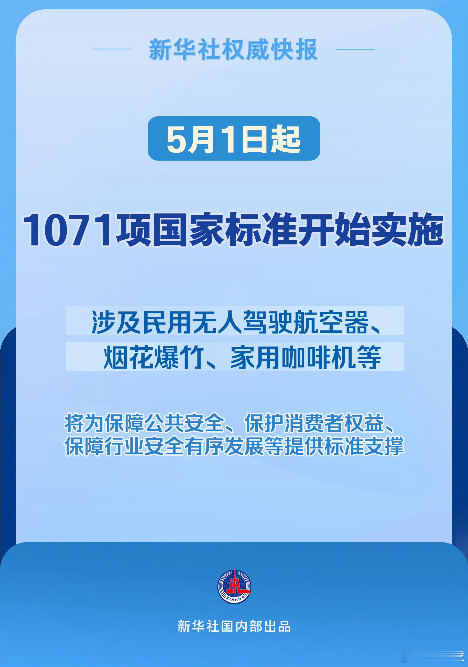 1071项国标5月1日起实施 1071项国标正式落地 。涵盖无人机、烟花爆竹、家