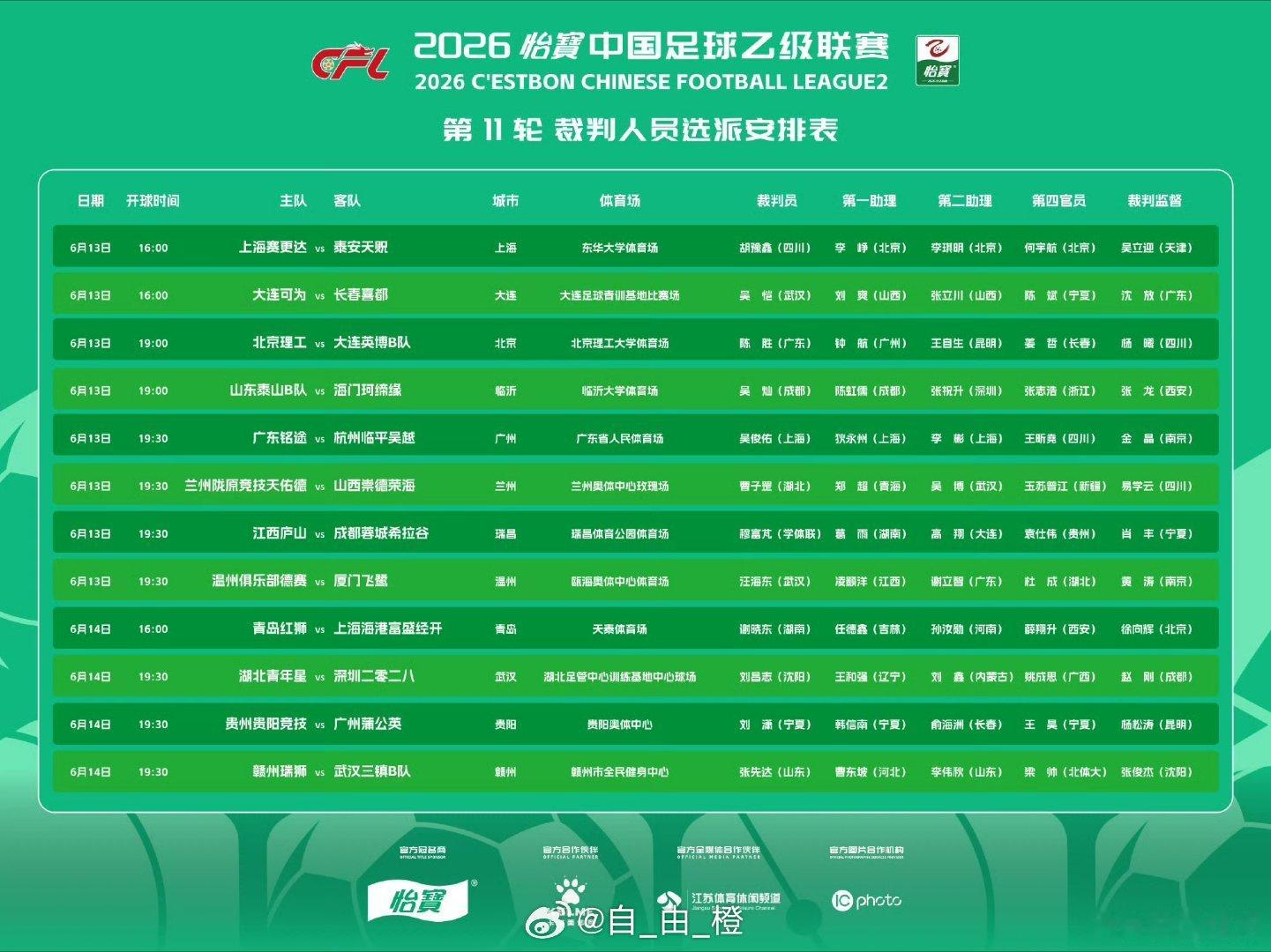 中乙联赛第11轮裁判选派。自由橙山东泰山