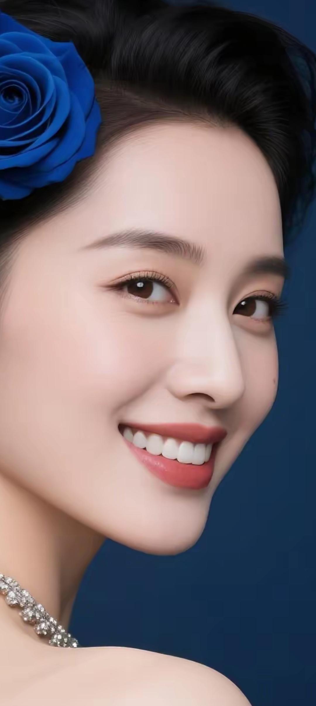 优雅蓝玫瑰，甜美笑容，闪耀珠宝，尽显东方韵味！🌹💎😊