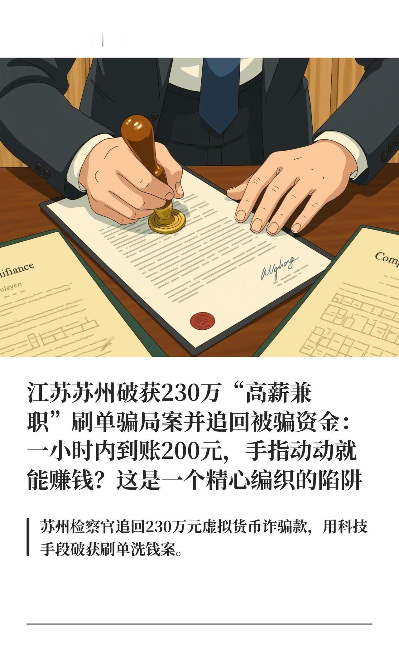 江苏苏州破获230万“高薪兼职”骗局
江苏苏州破获230万“高薪兼职”刷单骗局案