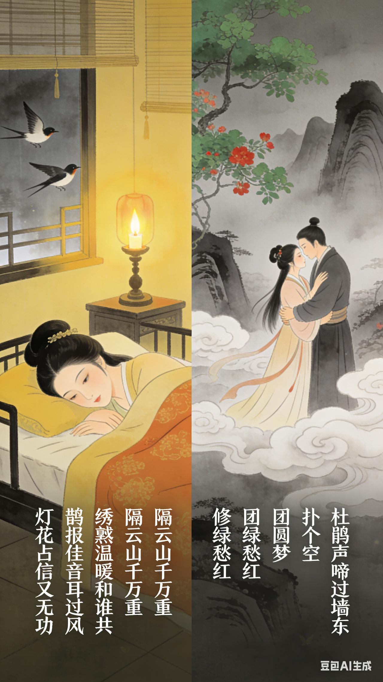 《双调》水仙子、杨朝英。
灯花占信又无功，鹊报佳音耳过风。绣衾温暖和谁共？隔云山