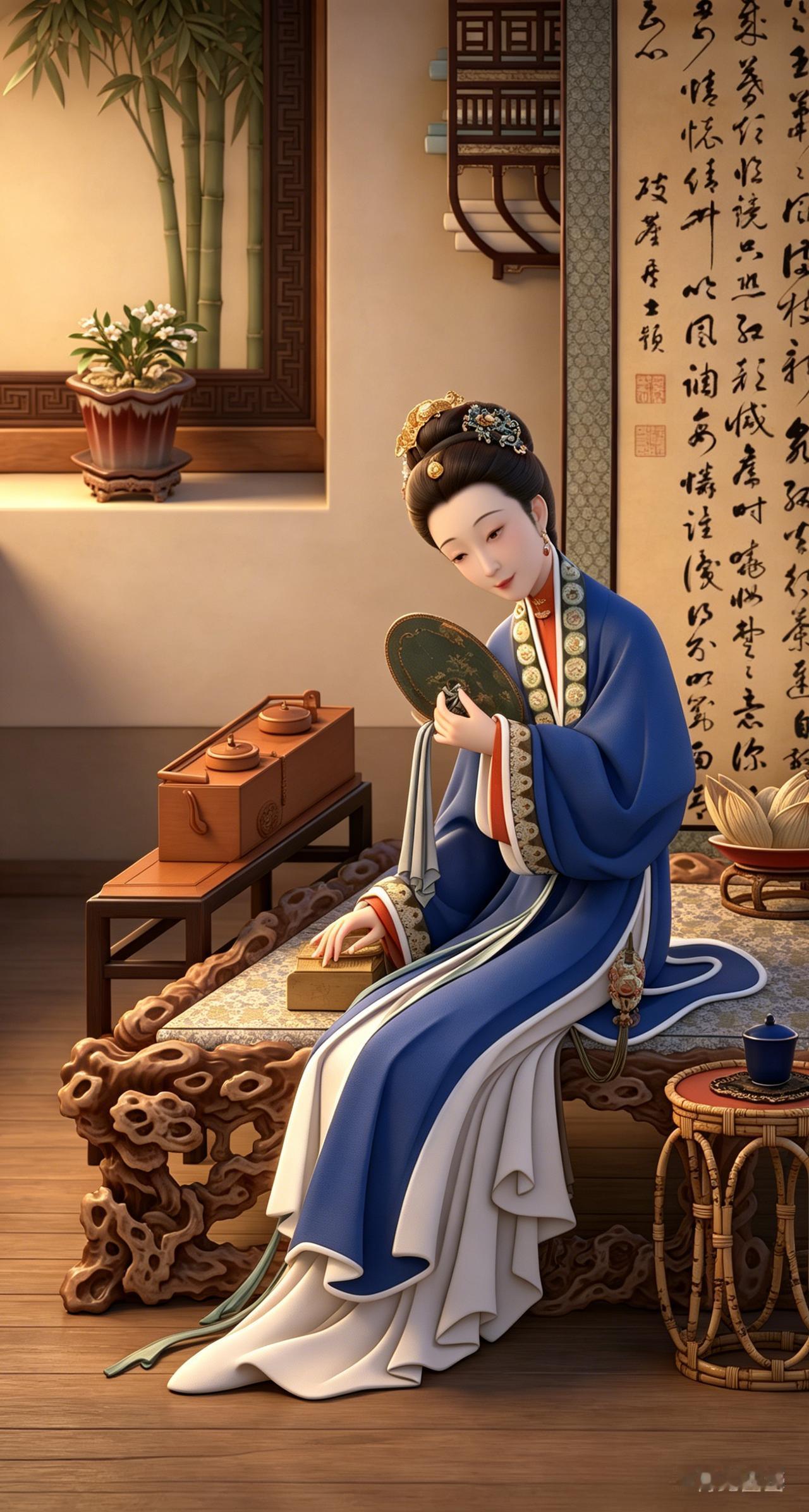 雍正十二美人图8

这哪是深宫美人图，分明是古代版 “宅家优雅指南”。
美人低眉