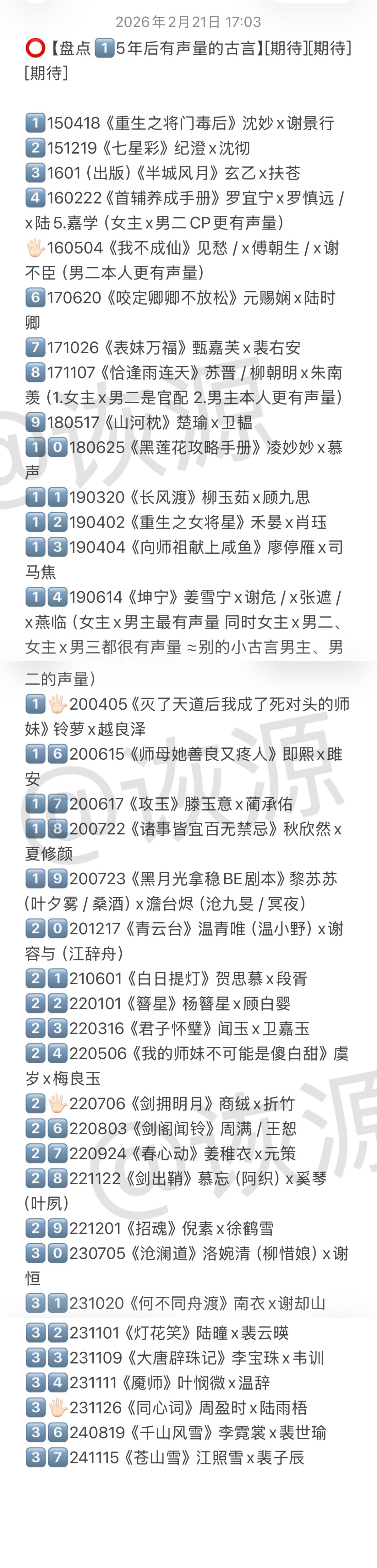 ⭕ 【盘点1️⃣5年后有声量的古言小说】☽ 看过几本❓❓❓1️⃣150418《重