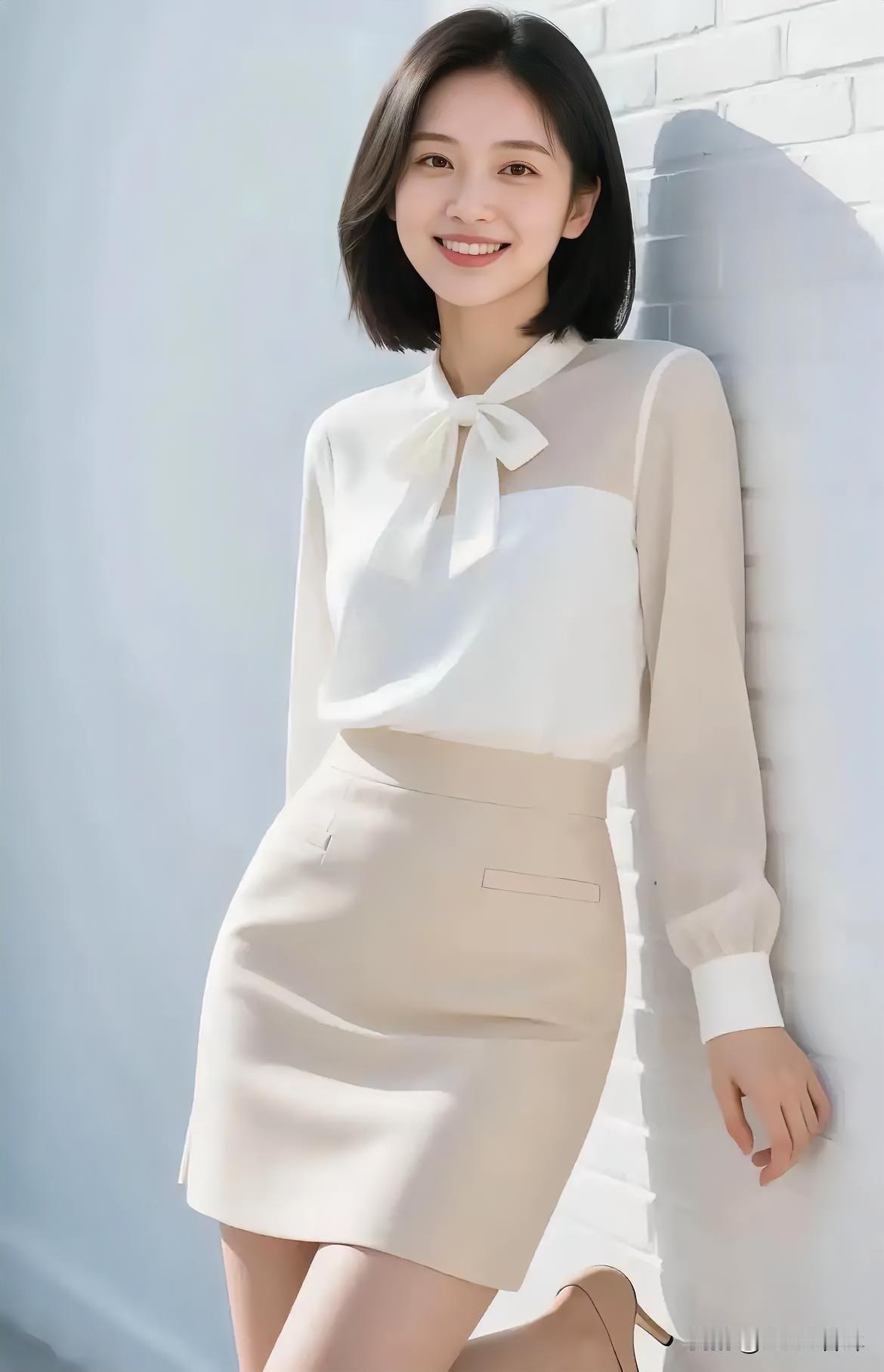 白墙为笺，她倚成一首清雅的诗。

蝴蝶结系住柔光，雪纺与针织私语温柔。

米裙勾