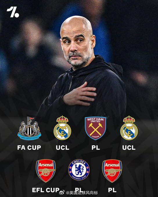 【曼城进入魔鬼赛程】联赛落后阿森纳7分，欧冠16强两战皇马，足总杯硬碰纽卡，联赛