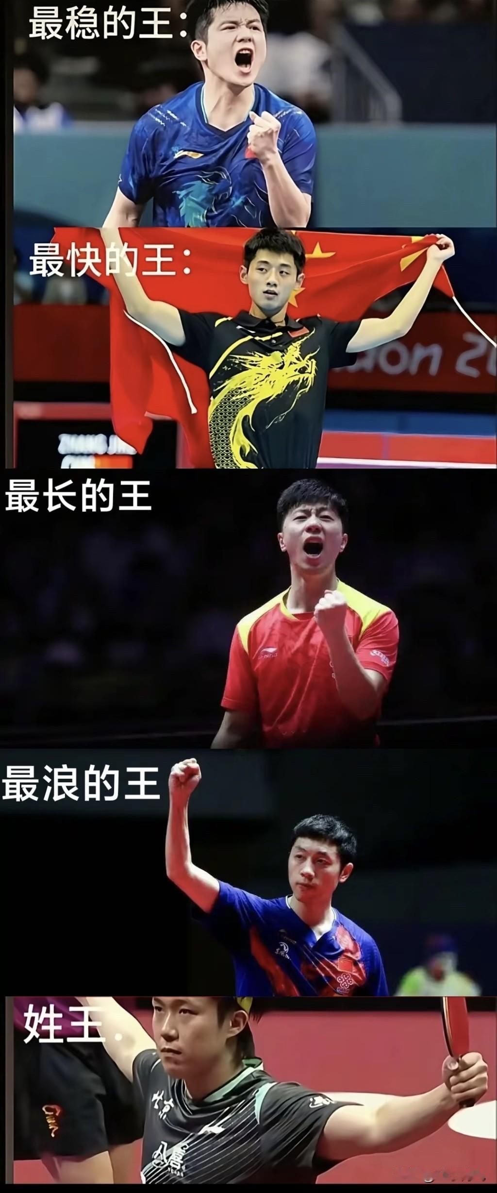 中国乒乓球队近十几年来的五位“王者”。
第一位，超级金满贯被称为最稳的王：樊振东