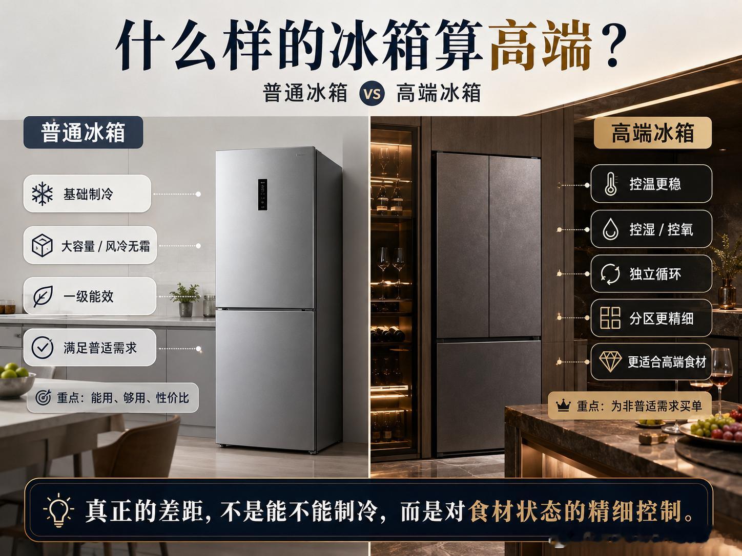 什么样的家电算高端拿冰箱来说，高端和普通的差距，早就不是“能不能制冷”。现在三四