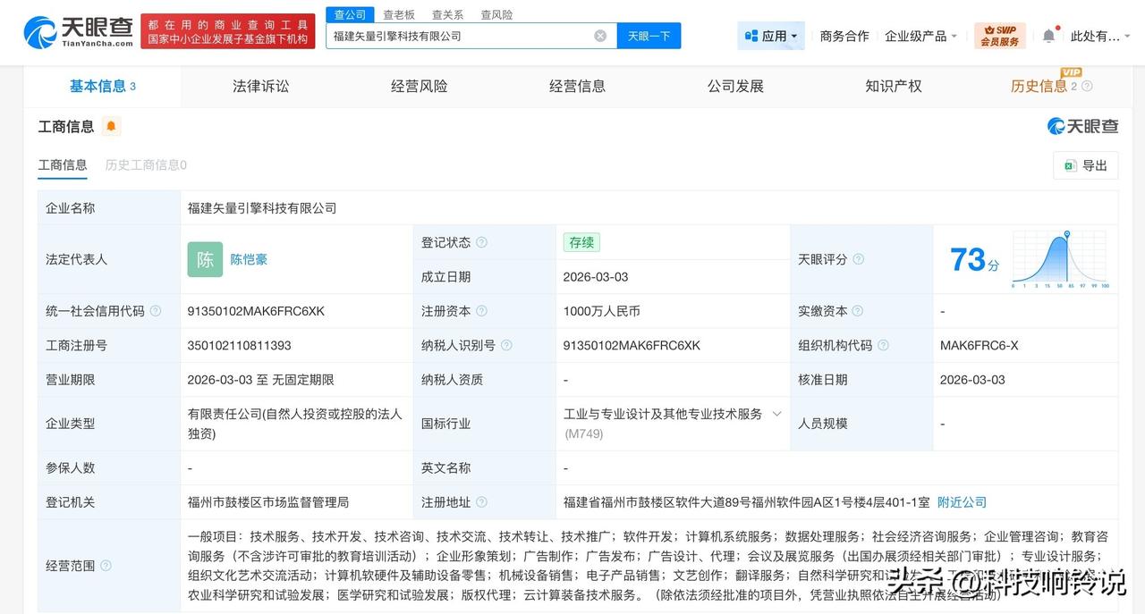 【抖音火山引擎在福建成立新公司 注册资本1000万】
天眼查工商信息显示，近日，