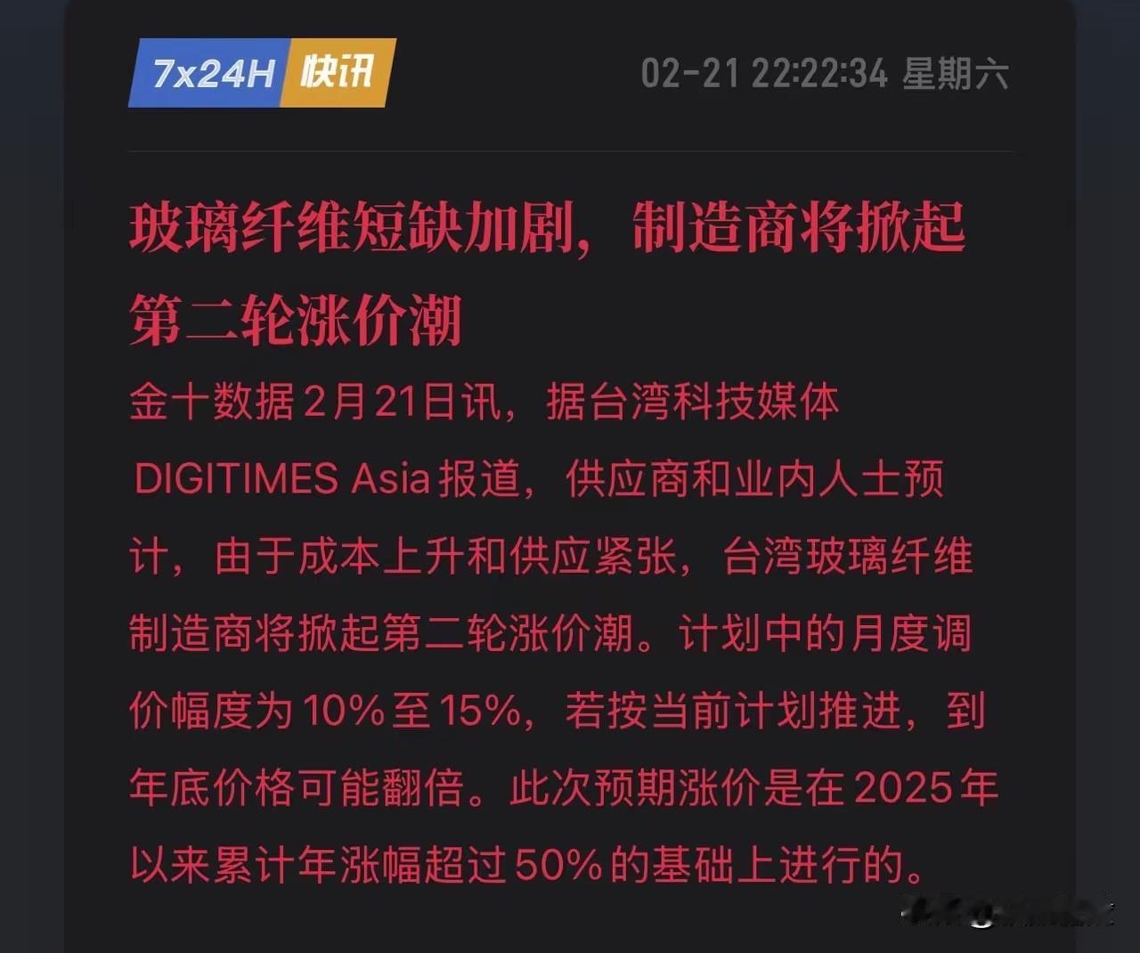 玻璃纤维价格狂飙：年内或翻倍，节后开盘资金重点关注，8大核心标的备查

最新消息