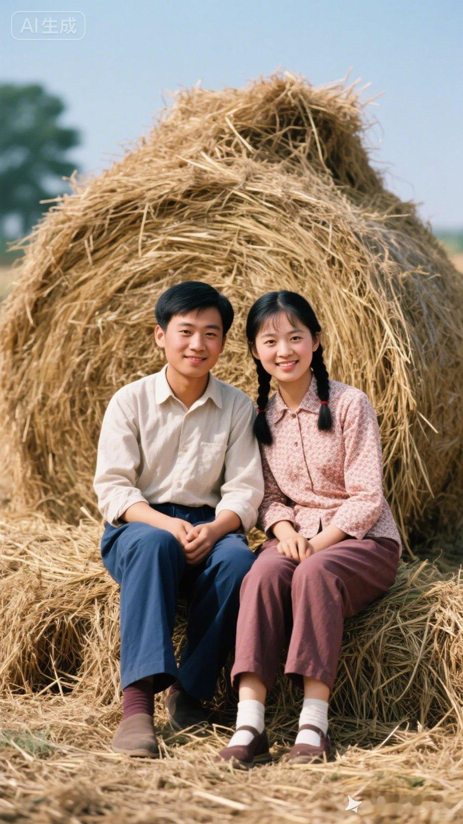田园情侣坐干草堆，甜蜜笑容满面开！