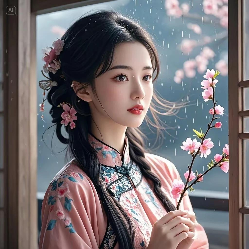 拈花不语人孤立，
欲问东君归几时？
唯有风前双蛱蝶，
微雨落花单人痴。