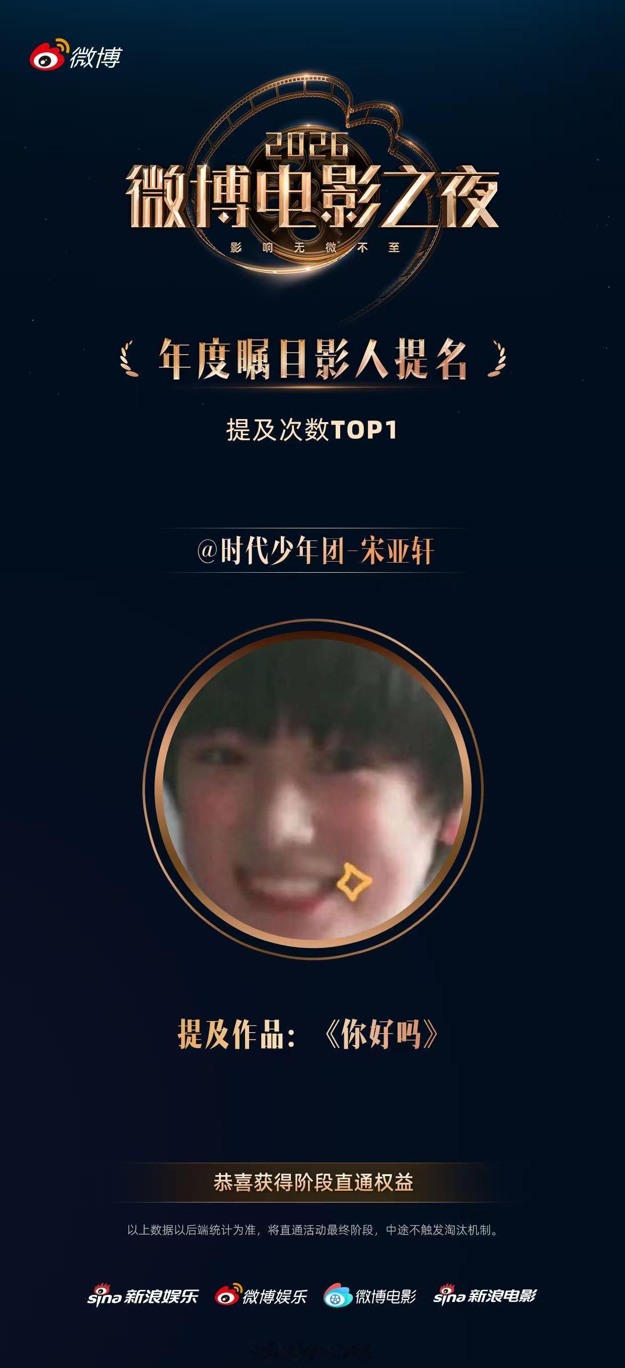 宋亚轩瞩目影人提名TOP1 提名即肯定，TOP1更是实力盖章。从练习室到片场，你