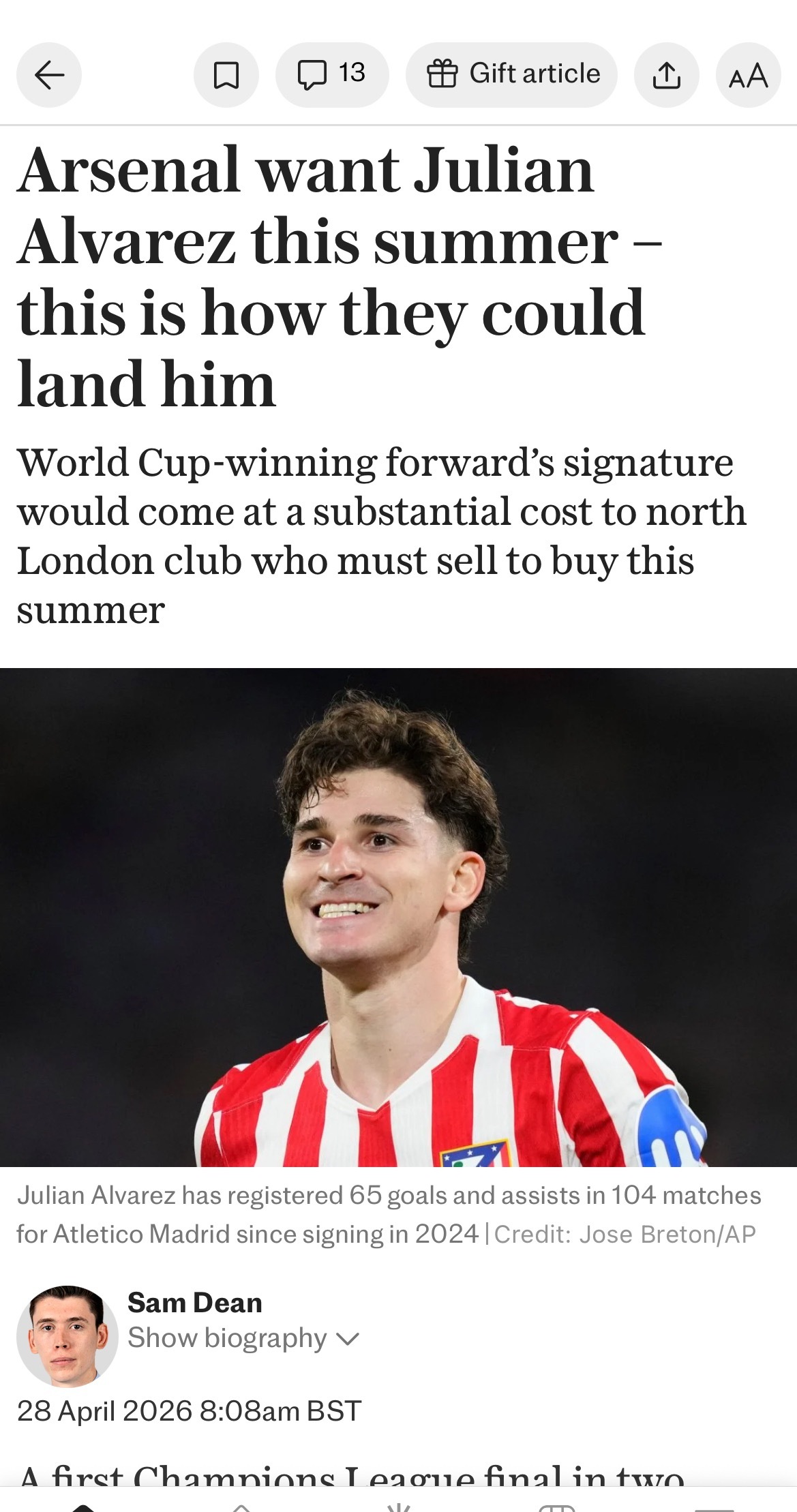 电讯报Sam Dean：阿森纳希望在今夏签下胡利安·阿尔瓦雷斯——他们能实现吗？