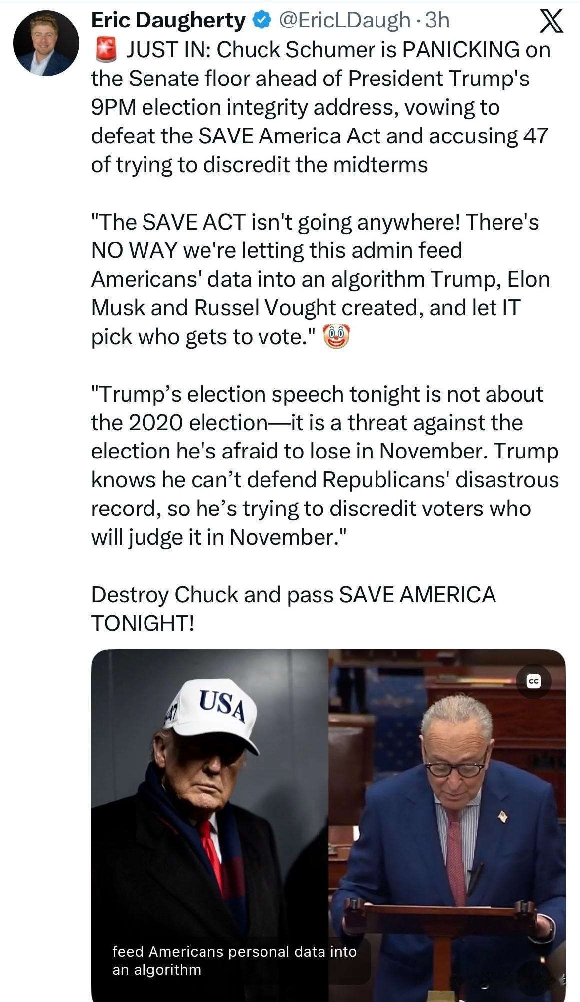 快讯：距离川普总统晚9点发表选举公正演讲还有一段时间，Chuck Schumer
