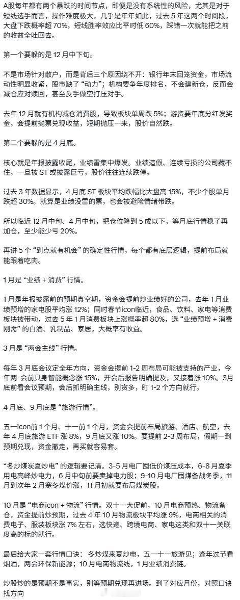 给大家一套行情口诀： 冬炒煤来夏炒电，五一十一旅游见；逢年过节看烟酒，两会环保新